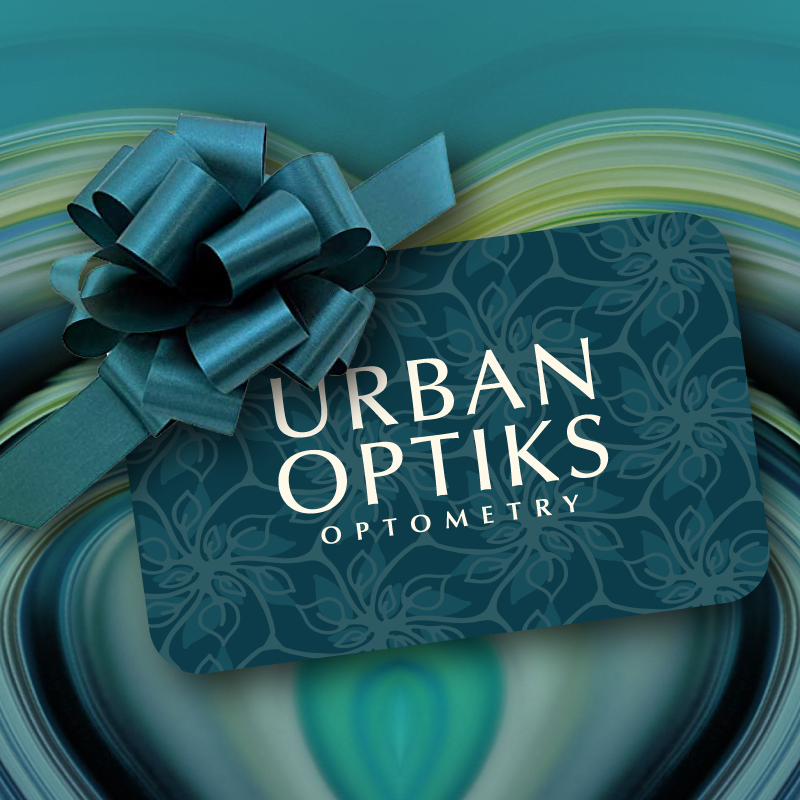 Urban Optiks Optometry gift card on a swirl background