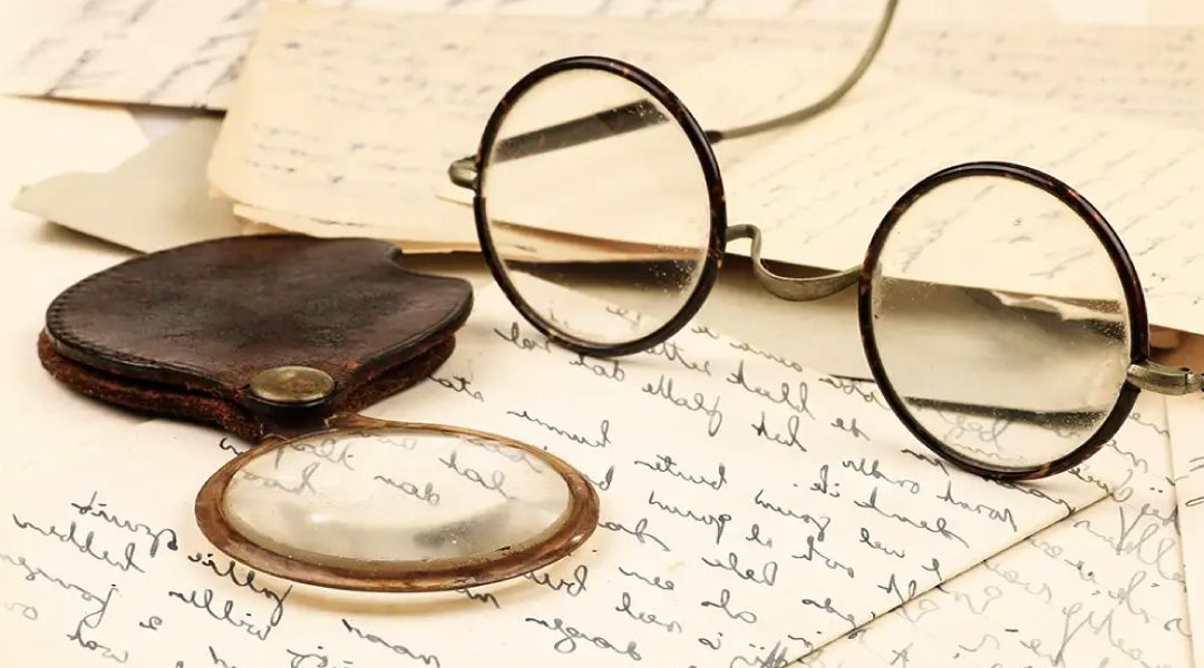 A pair of vintage glasses and magnifying glass sitting on top of a handwritten letter.