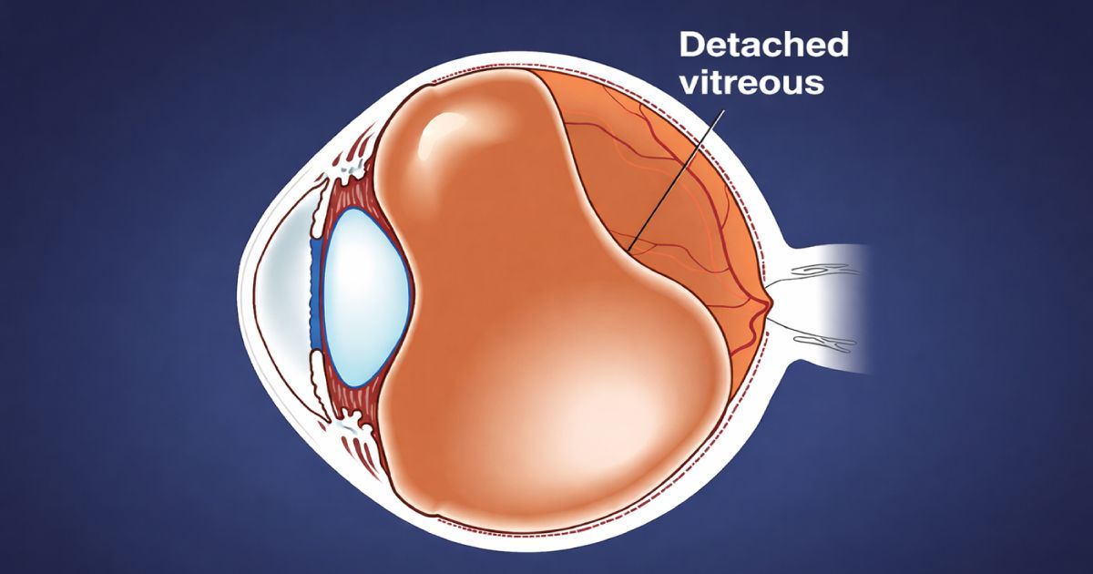 Cross-section of an eye with a detached vitreous, labeled.