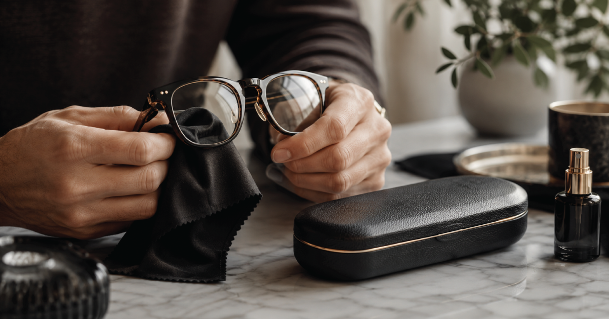 Person cleaning eyeglasses with a cloth on a table, with a glasses case and lens spray nearby.