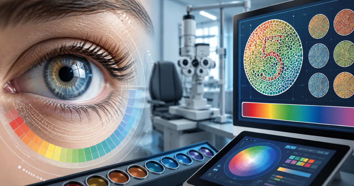 Eye with color chart in a vision-testing lab and a monitor showing color patterns