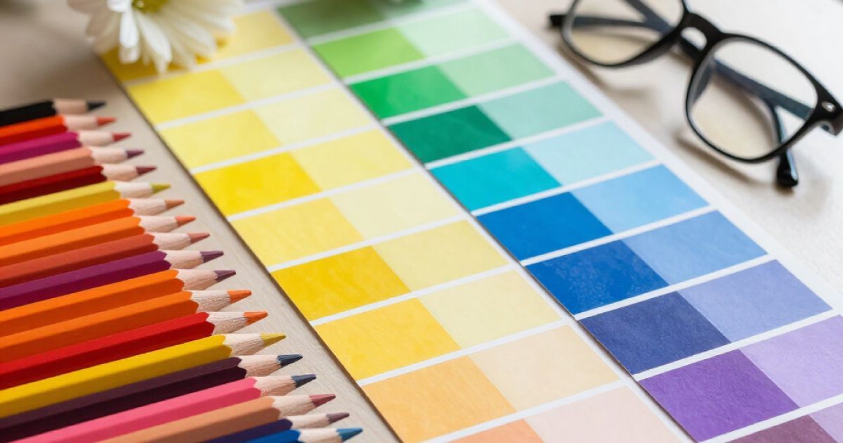 Colored pencils beside a grid of bright paint swatches with glasses on a desk