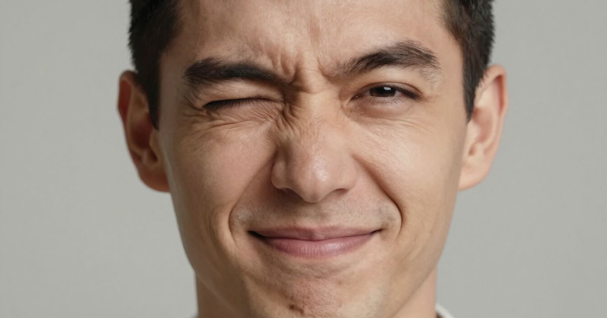 Close-up of a man winking his right eye with an agitated expression.