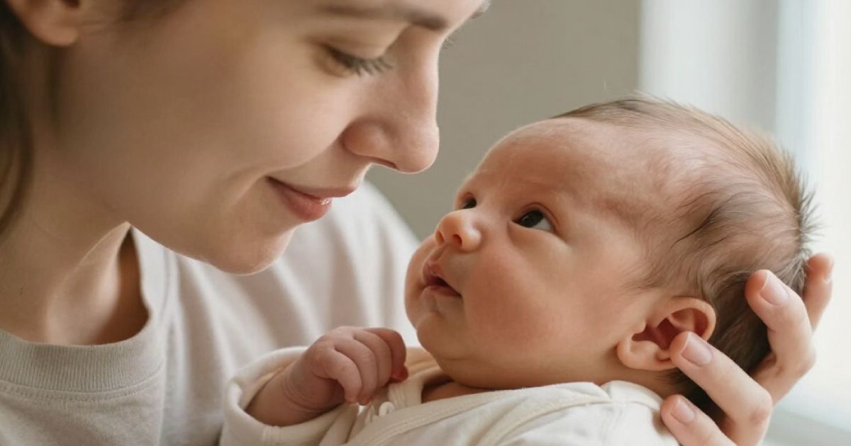 Woman gently holding and gazing at a baby in a soft, bright setting