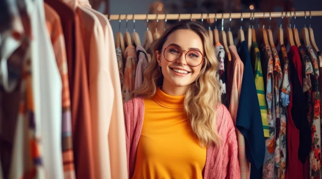 A woman wearing glasses standing in front of a rack of colorful clothes