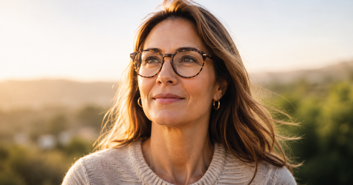 Woman wearing glasses in a beige sweater, standing outdoors with a soft sunlit landscape behind her.