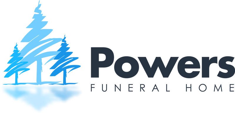 Powers Funeral Home logo with blue tree and cross icon beside dark text