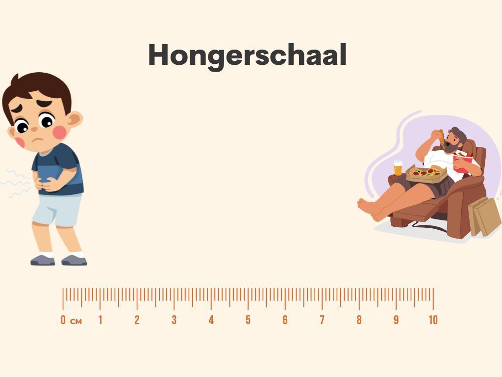 Een hongerig kind dat zijn buik vasthoudt naast een bank, met het woord 