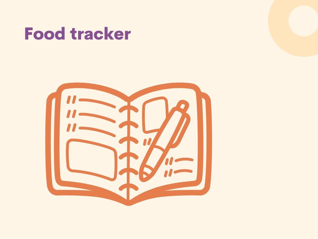 Pictogram van een voedseltracker met een oranje open notitieboekje en pen op een lichte achtergrond.