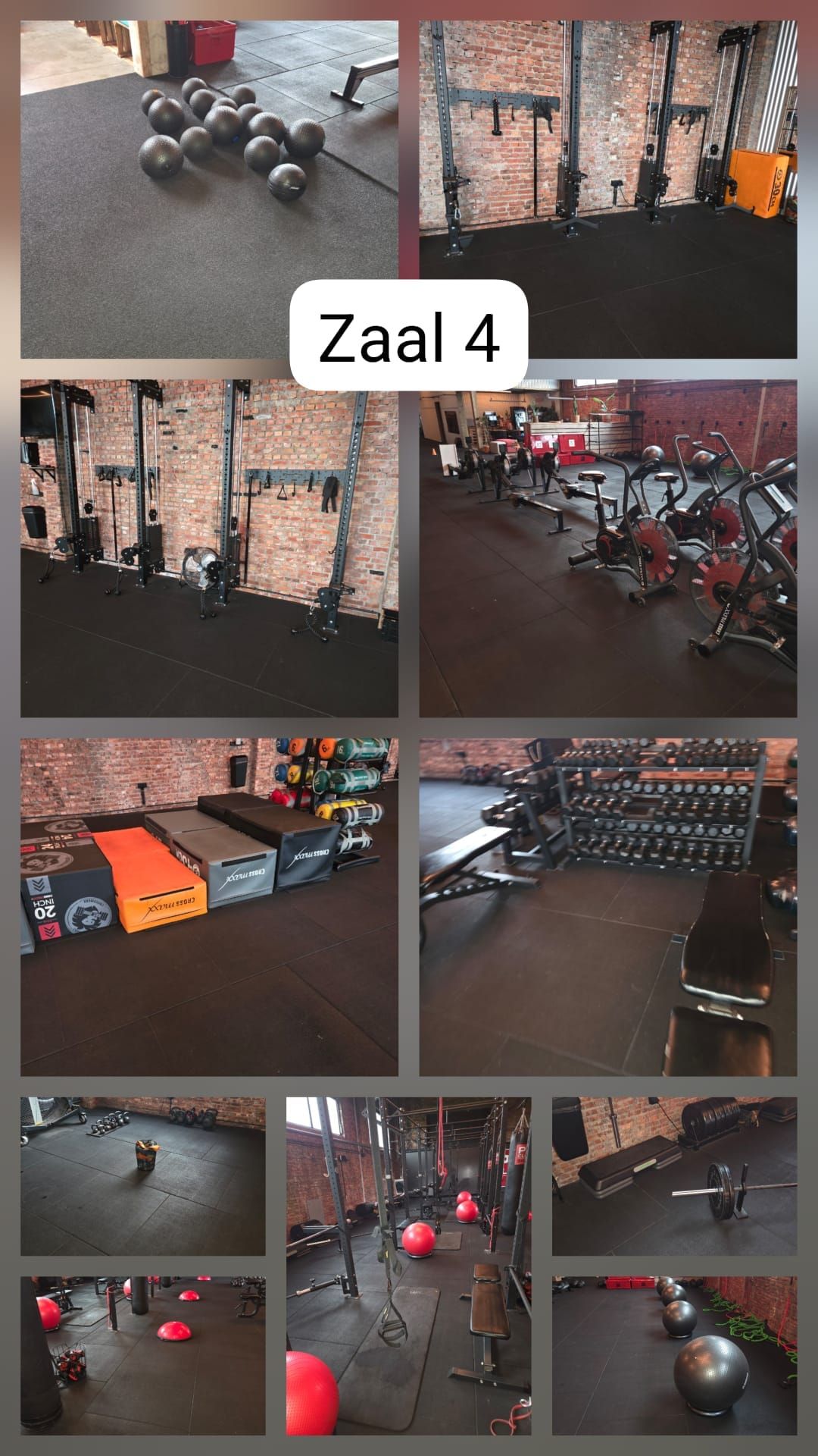 Een fitnessruimte met dumbbells, gewichtsbanken en fitnessapparaten in een studio met bakstenen muren.