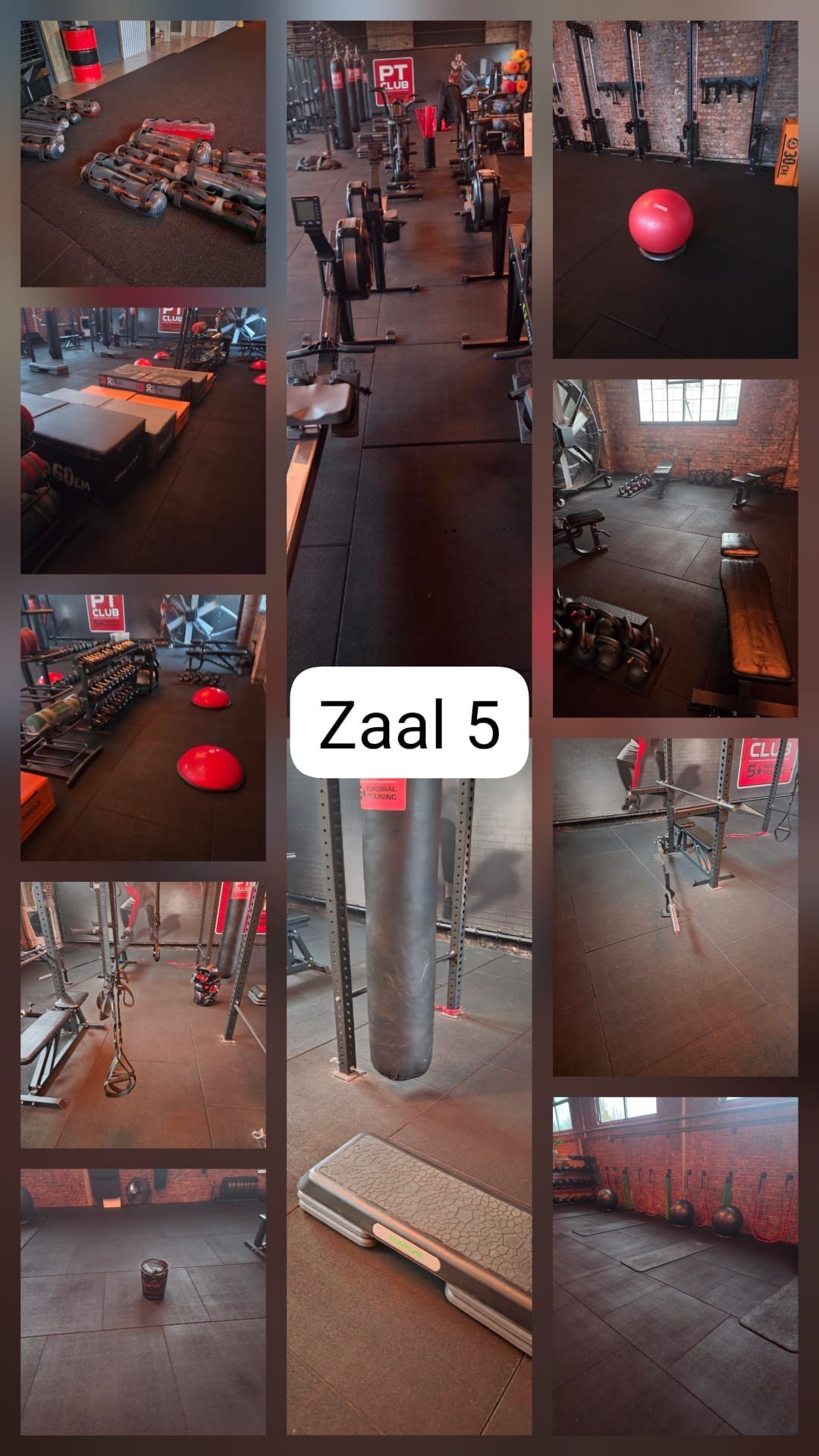 Collage van een sportschoolinterieur met rode apparatuur en een grote pilaar met het opschrift