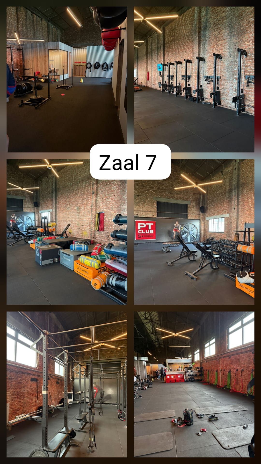Collage van een ‘Zaal 7’ in een sportschool met bakstenen muren, fitnessapparaten en open trainingsruimtes.