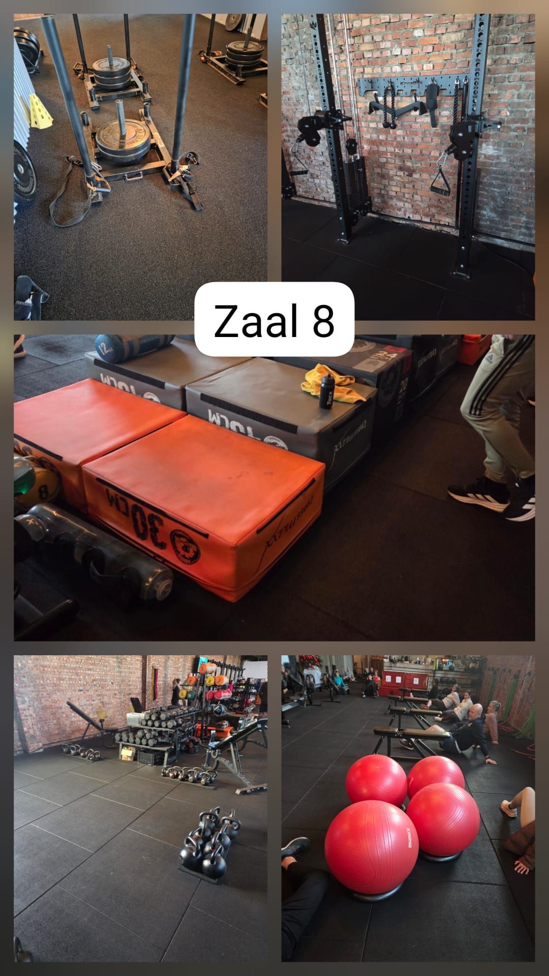 Collage van fitnessapparatuur en rode oefenballen in Zaal 8, een trainingsruimte.