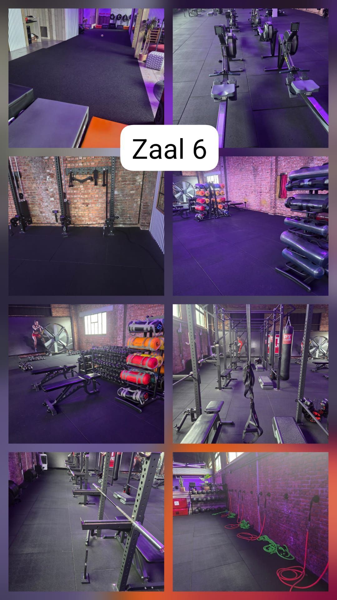 Collage van een paars verlichte sportschool met fitnessapparatuur en een