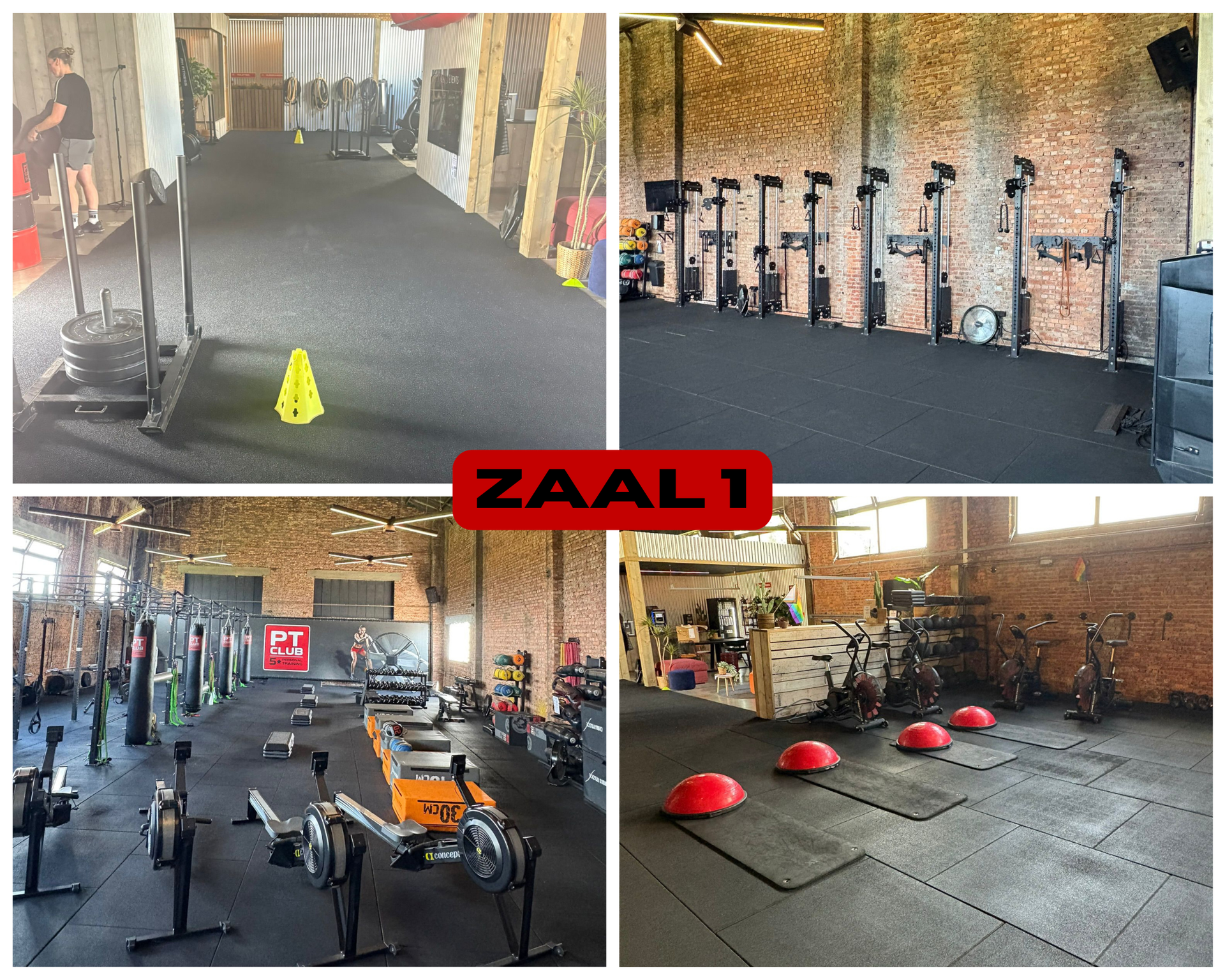 Vier aanzichten van een fitnessstudio met zwarte rubberen vloer, apparatuur en rode trainingskegels.