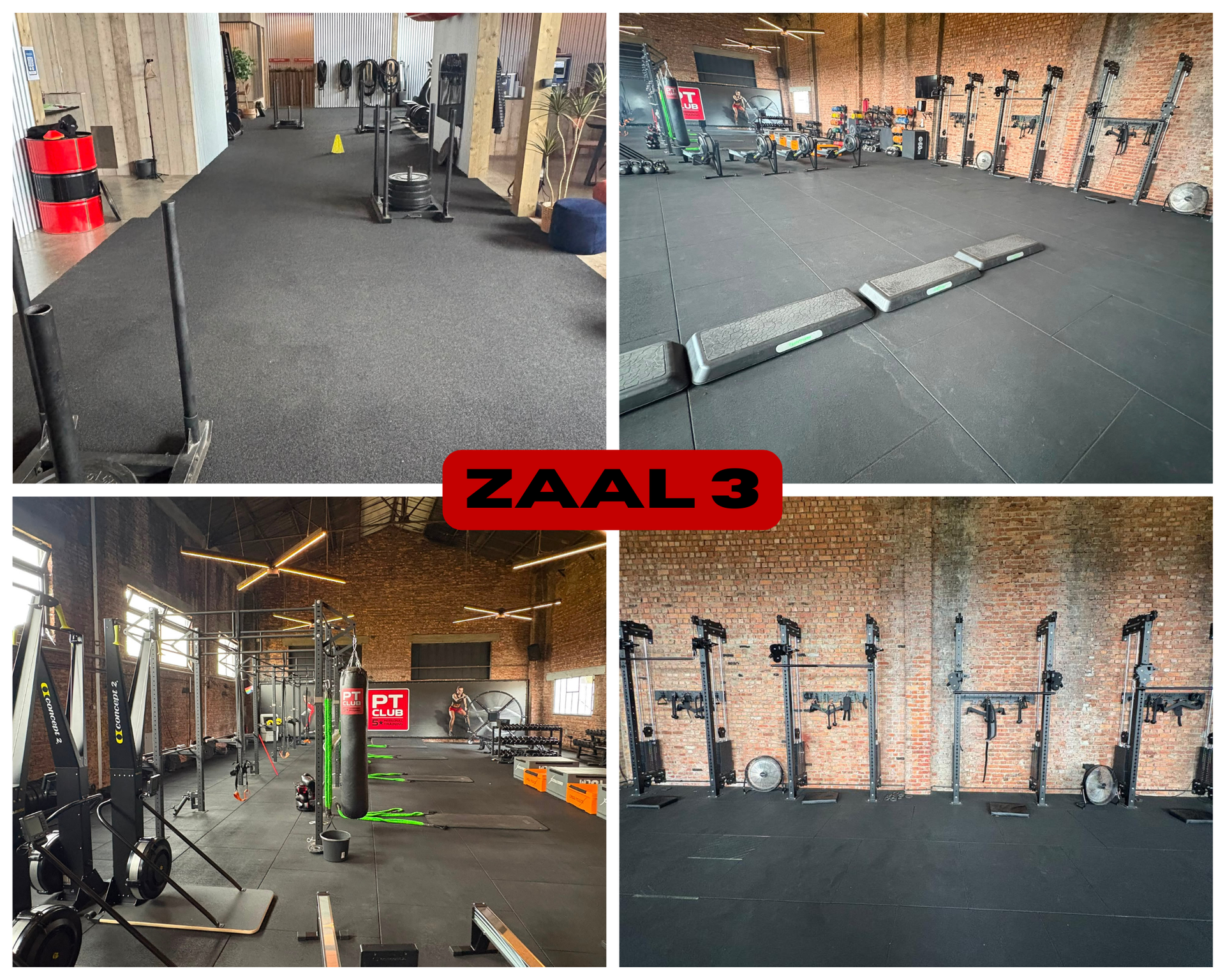 Collage van een sportschoolinterieur met zwarte vloermatten, apparatuurrekken en bakstenen muren met het opschrift