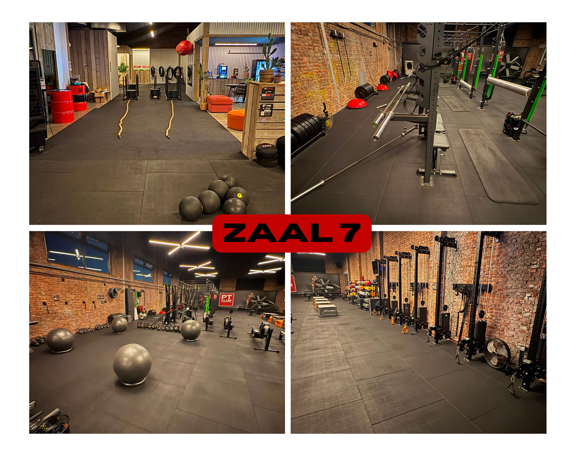 Collage van een ‘Zaal 7’ in een sportschool met bakstenen muren, fitnessapparaten en open trainingsruimtes.