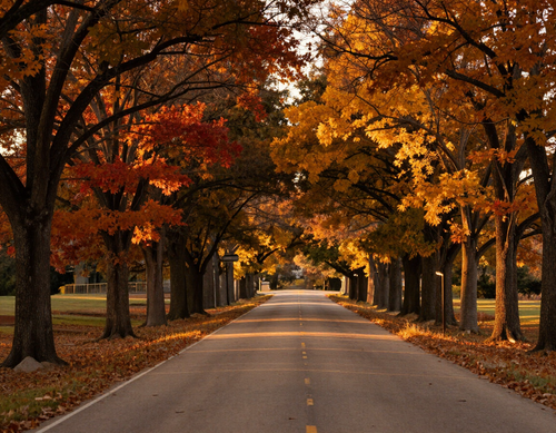 Scenic tree-lined road along the 10K course