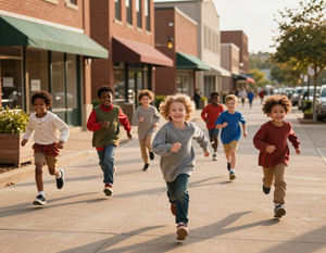 Costumed kids running the 1K downtown loop