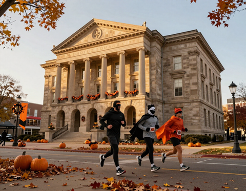 Costumed runners jogging past the historic Denton Square courthouse