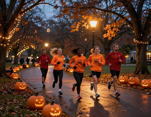 Runners sprinting past a Halloween-lit park during the 5K