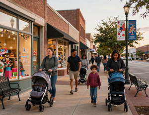 Families walking the 3K trail past decorated storefronts