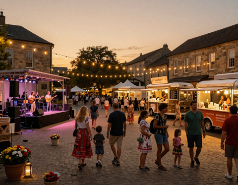 Lively outdoor festival at dusk with a live band and food trucks
