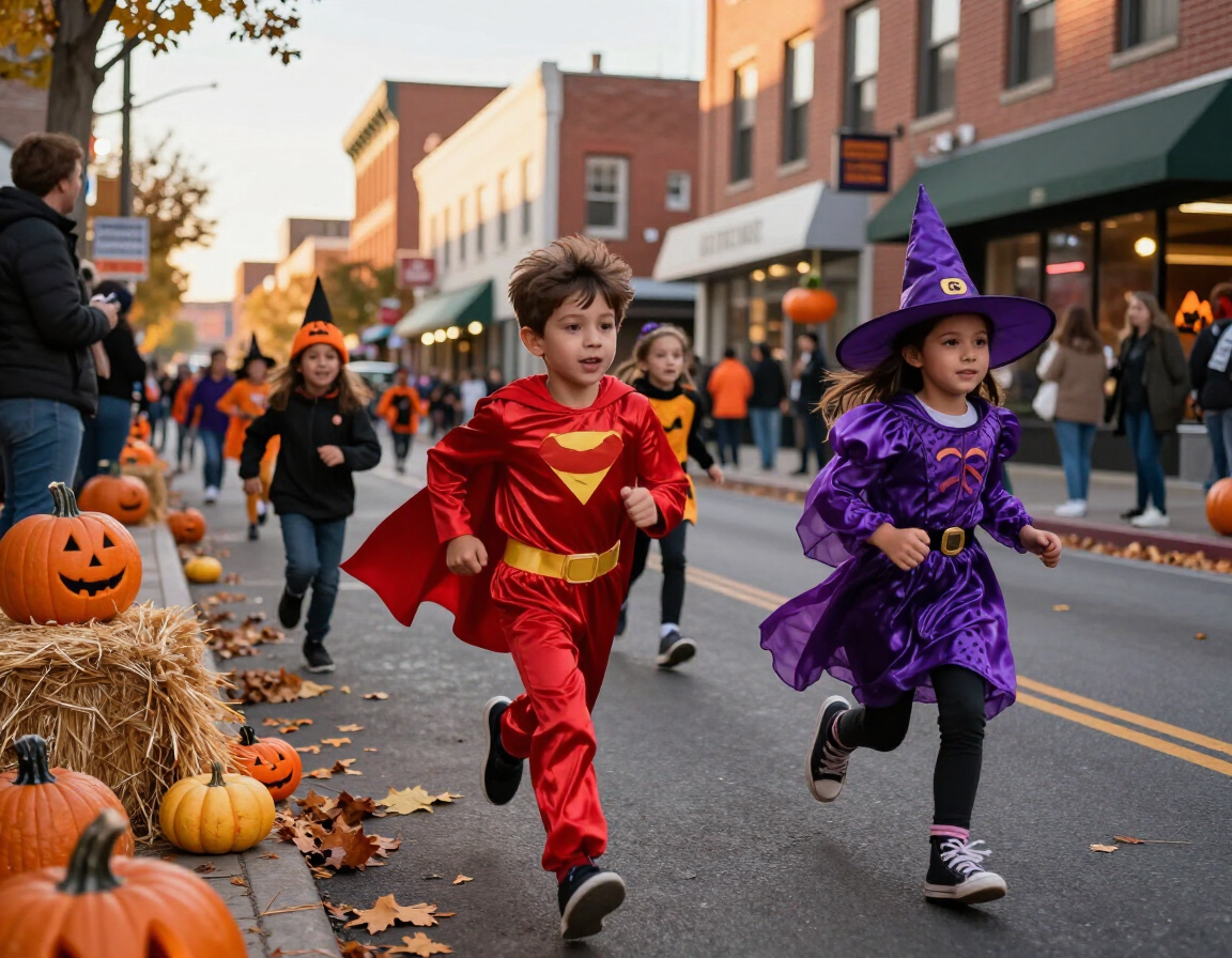Costumed kids running the 1K Lil' Monster Dash on a closed downtown street