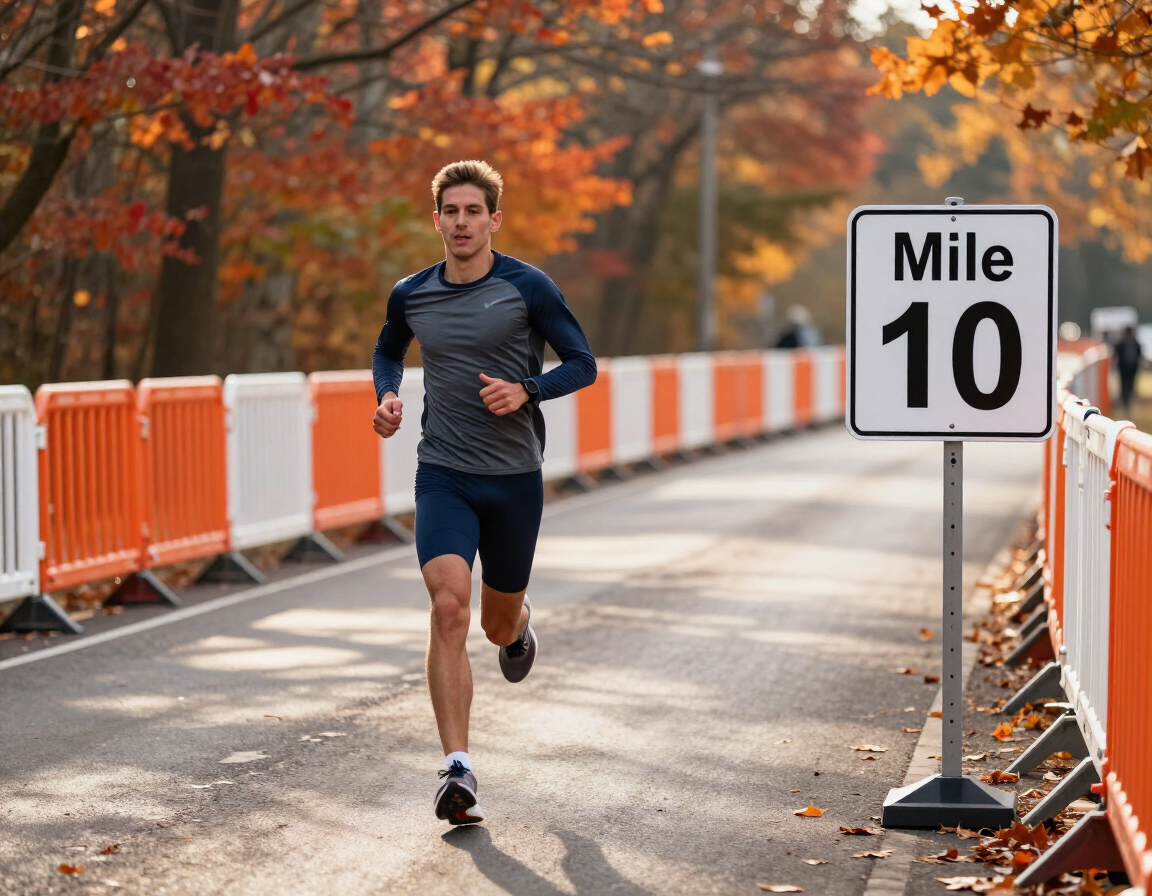 A lone marathoner running a barricaded course with an official mile marker sign