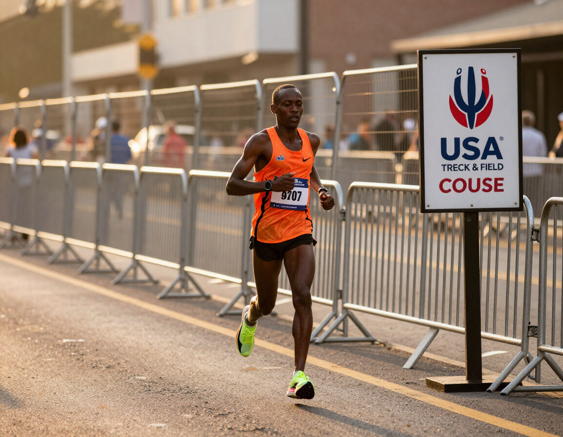 A lone elite marathoner running past an official USATF course-certification marker