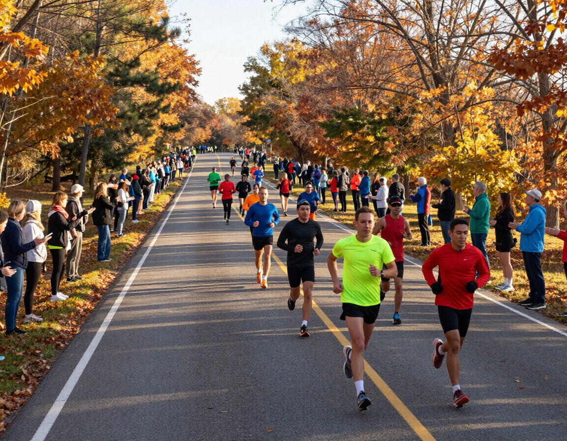 A pack of half-marathoners on a wide open road with cheering crowds