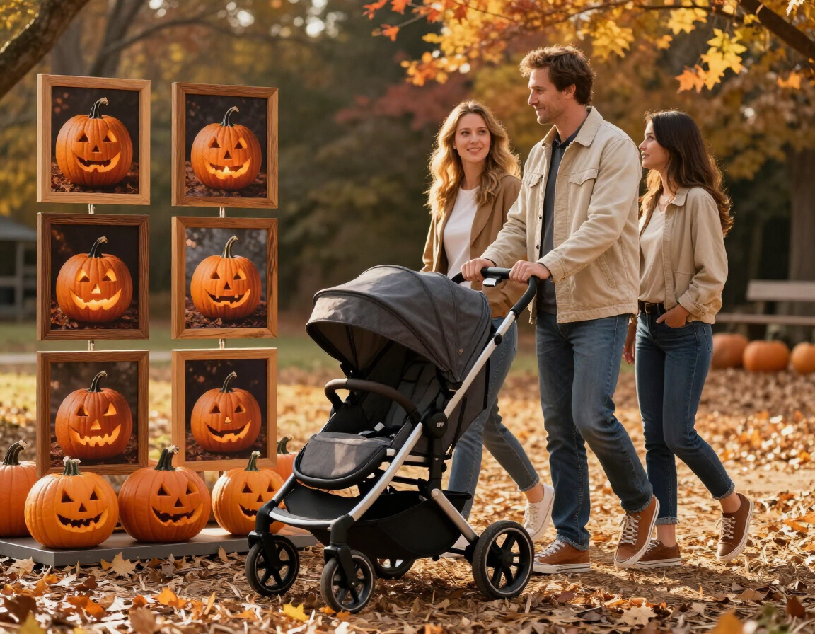 Family with a jogger stroller strolling past a photo-op pumpkin display