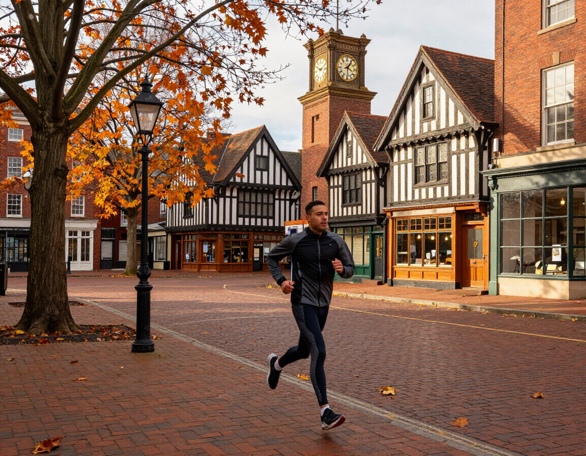 A runner passing a historic Denton Square landmark