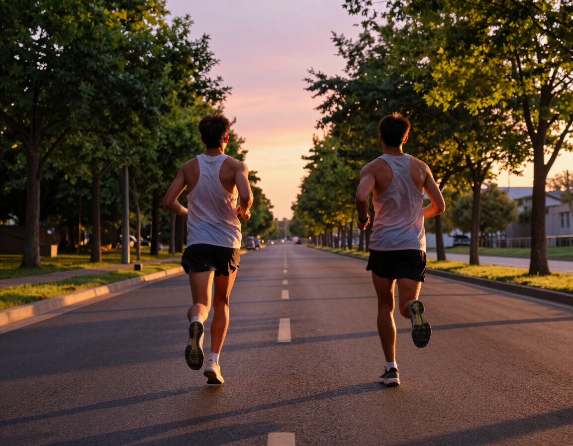 Runners mid-stride on a flat tree-lined street at sunrise