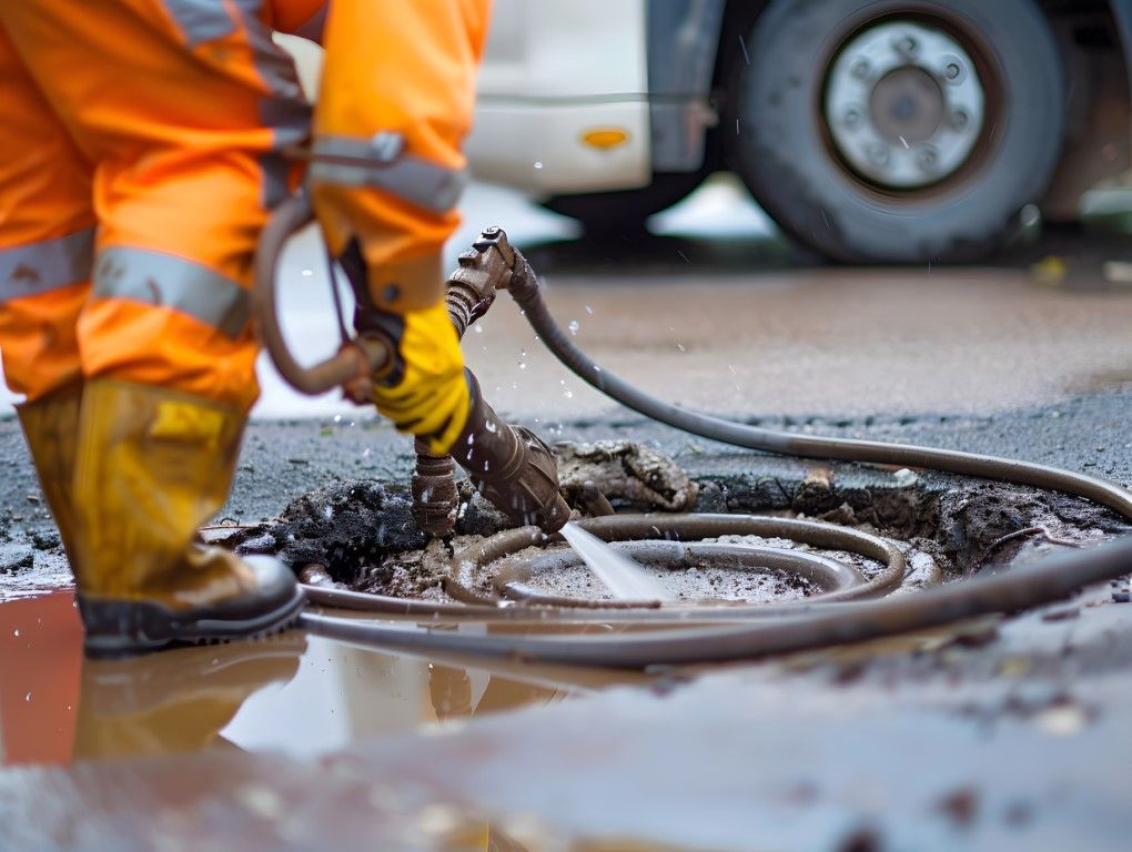 Worker in orange safety gear clearing debris from a flooded manhole on a wet street