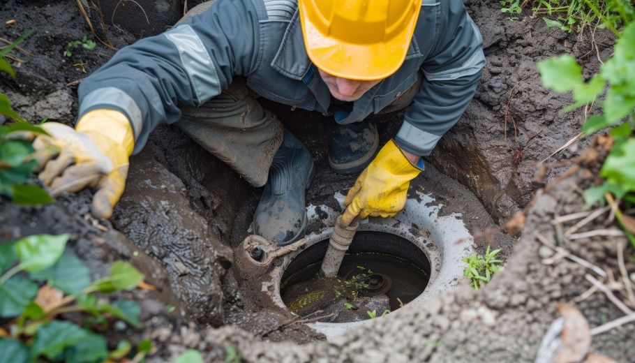 Utility worker in yellow hard hat and gloves inspecting a buried pipe in a muddy trench