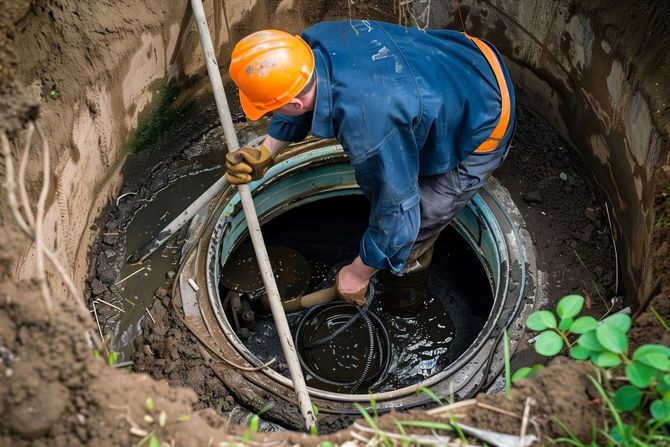 Worker in orange hard hat inspecting a manhole in a muddy trench