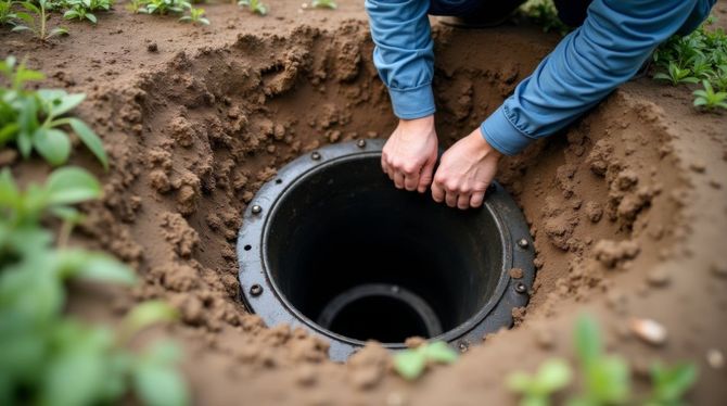 Hands working on a circular underground utility pipe in a dirt hole outdoors
