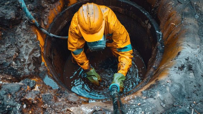Worker in yellow rain gear cleaning a large rusty pipe opening with a hose.
