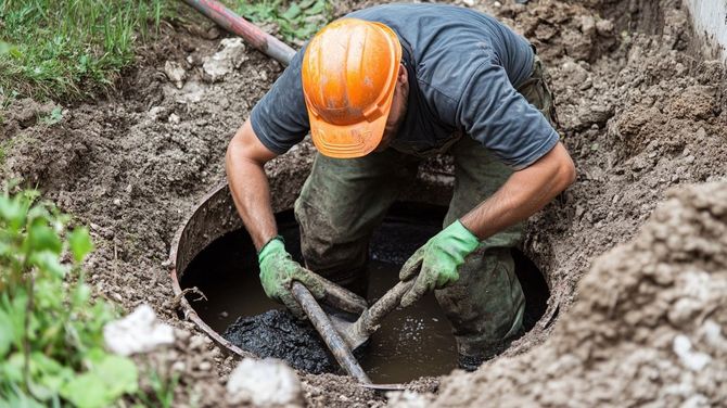 Worker in orange hard hat and green gloves cleaning a round manhole in muddy ground