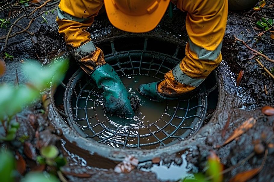 Worker in yellow rain gear and green gloves cleaning a storm drain with a metal grate.
