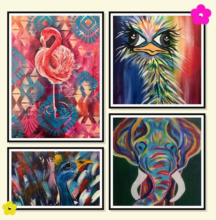 Four colorful abstract animal portraits in a 2x2 collage on a white background