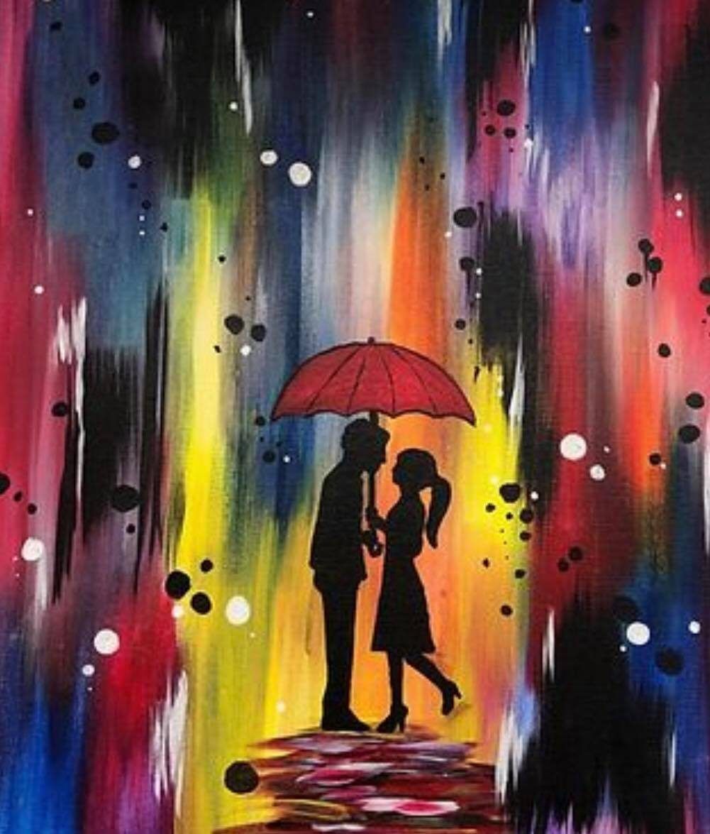 Silhouetted couple under a red umbrella in a colorful abstract rain scene
