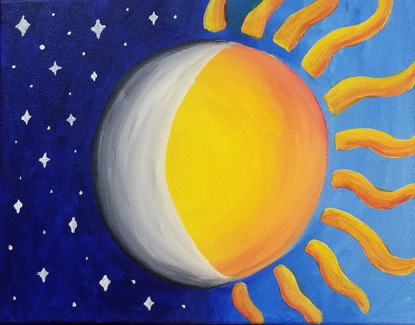 Sun and crescent moon in a starry blue sky, with orange rays extending outward.