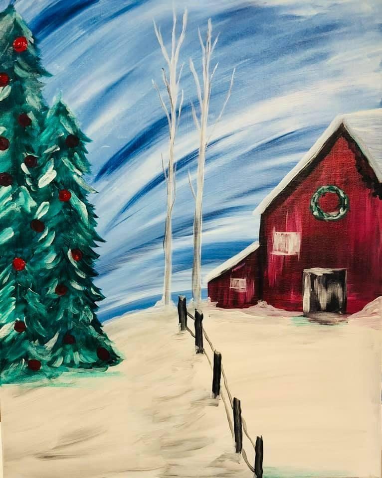 Snowy farm scene with a red barn, decorated evergreen, and bare trees under a blue swirled sky