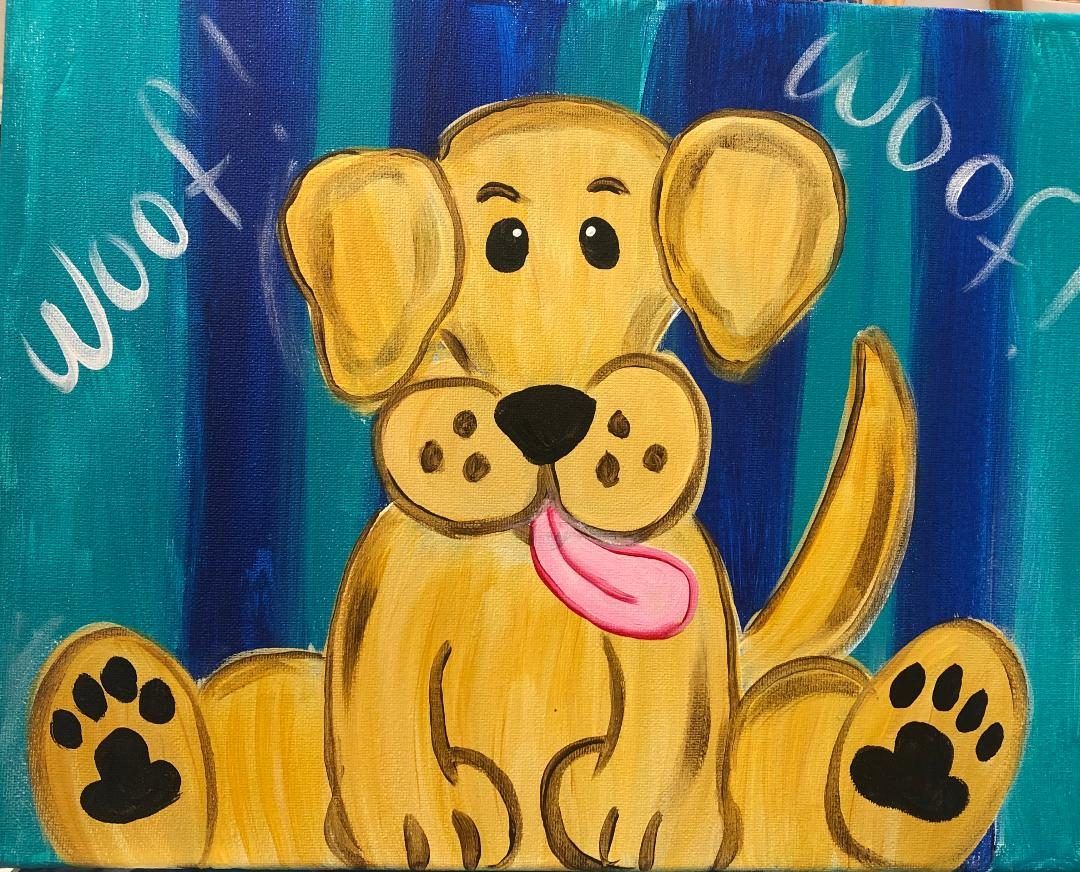 Cartoon yellow dog with pink tongue and paw prints, sitting on a blue background with “woof” text