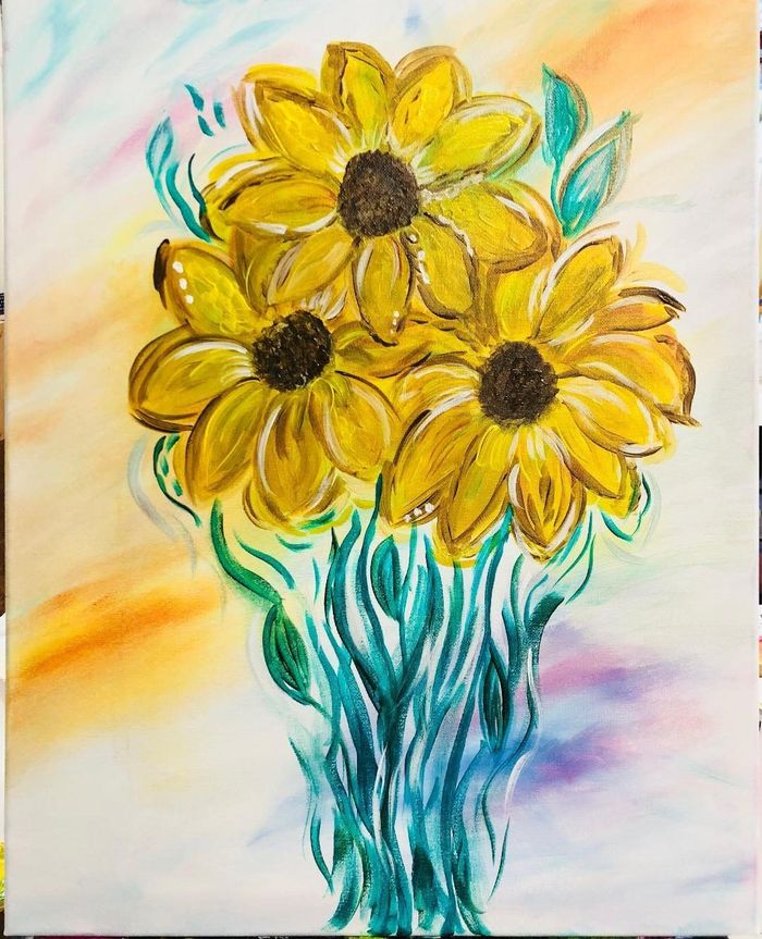Three yellow sunflowers in a blue vase with a pastel orange and purple background.
