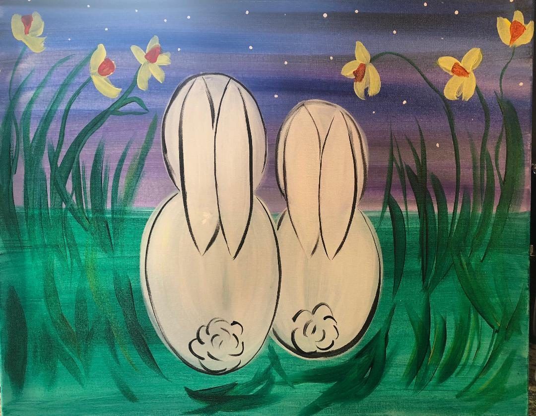 Two rabbits in green grass under a starry sky, with butterflies and reeds in the background.