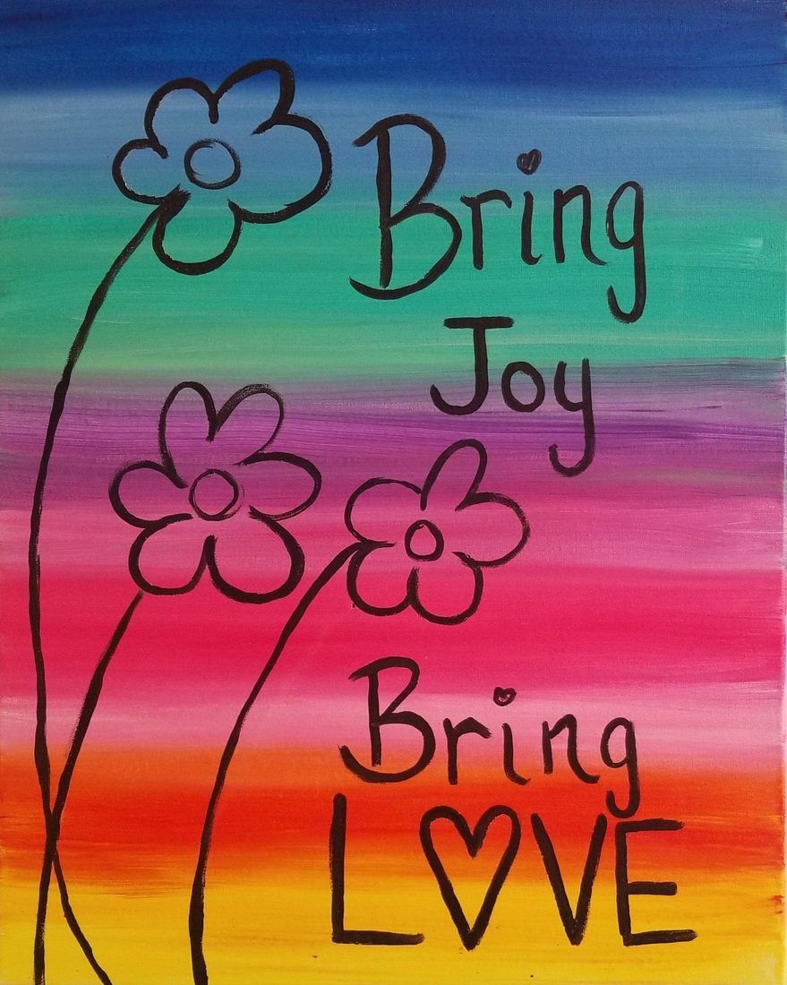 Handwritten flowers on a rainbow background with the words “Bring Joy” and “Bring Love”