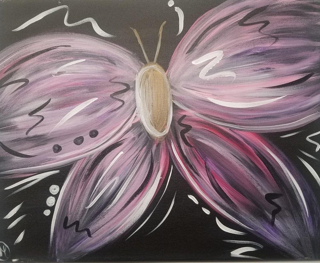 Pink and purple butterfly painting on a black background